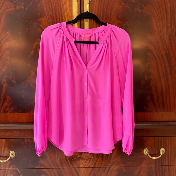 Lilly Pulitzer Saige Silk Top Orchid Oasis - Size Medium. - Picture 6 of 11